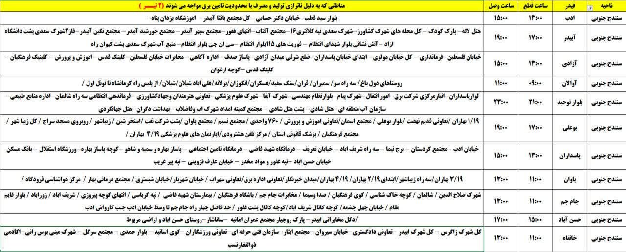 برنامه قطعی برق کردستان دوشنبه دوم تیر + جدول
