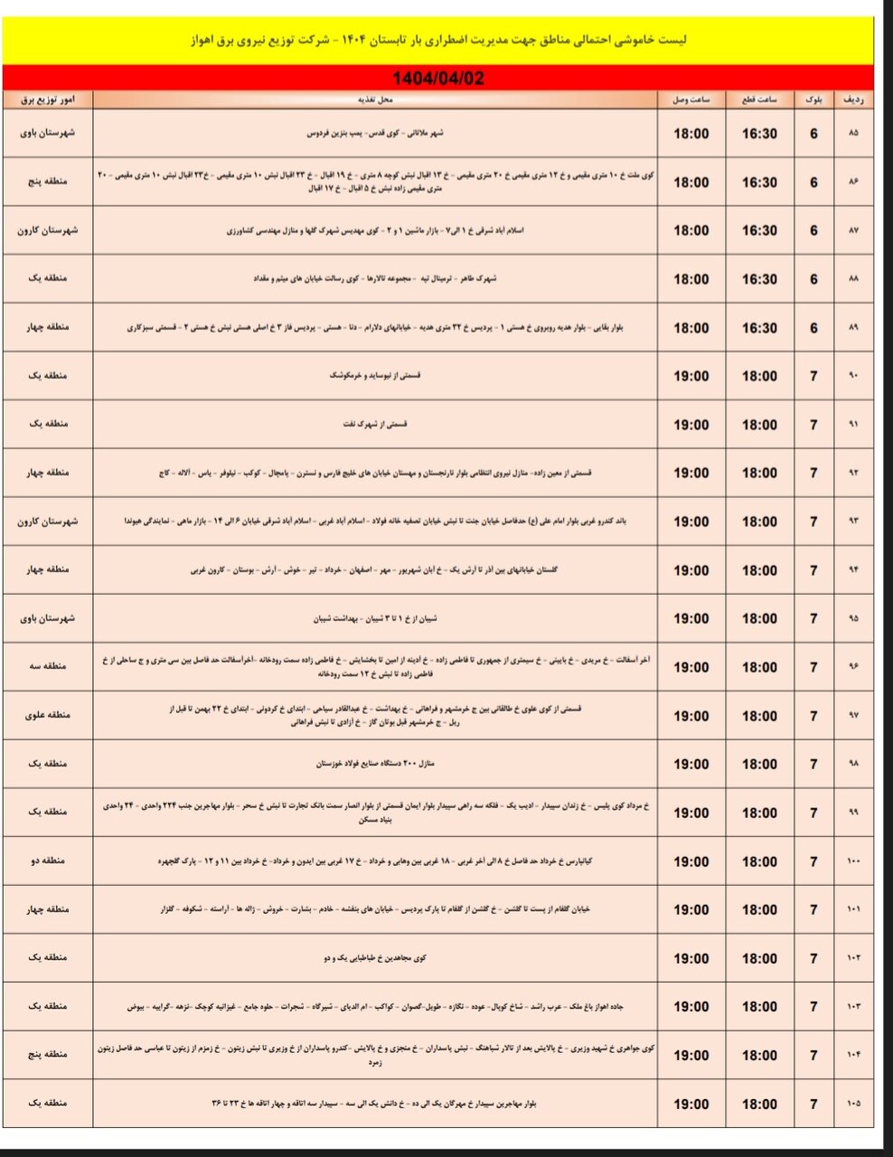 جدول خاموشی برق اهواز دوشنبه دوم تیر / ۱۰۵ نقطه خاموش میشود