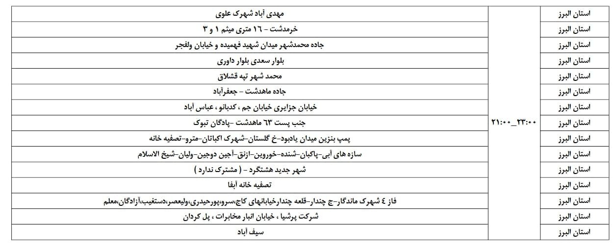 اعلام ساعت خاموشی برق البرز امروز دوشنبه دوم تیر + جدول