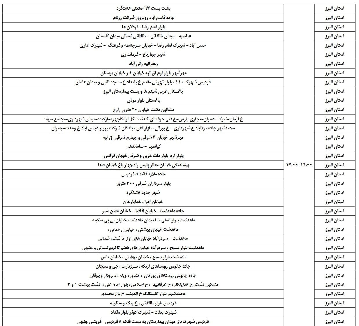 اعلام ساعت خاموشی برق البرز امروز دوشنبه دوم تیر + جدول