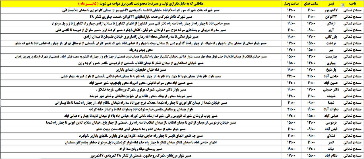 برنامه قطعی برق کردستان پنجشنبه ۵ تیر + جدول
