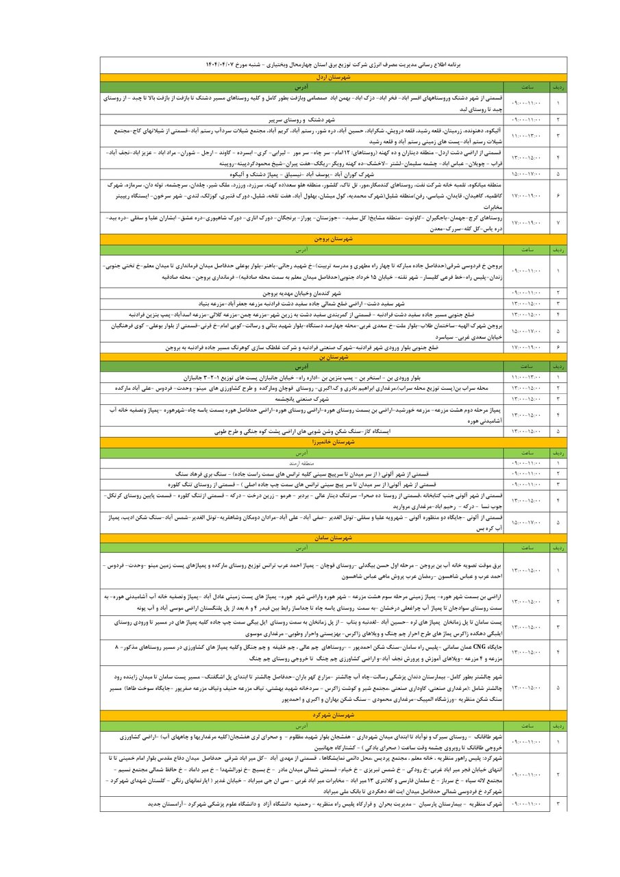 برنامه قطعی برق چهارمحال و بختیاری شنبه ۷ تیر + جدول