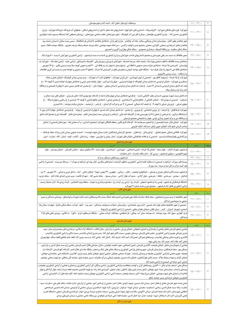 برنامه قطعی برق چهارمحال‌ و بختیاری‌ شنبه ۷ تیر + جدول