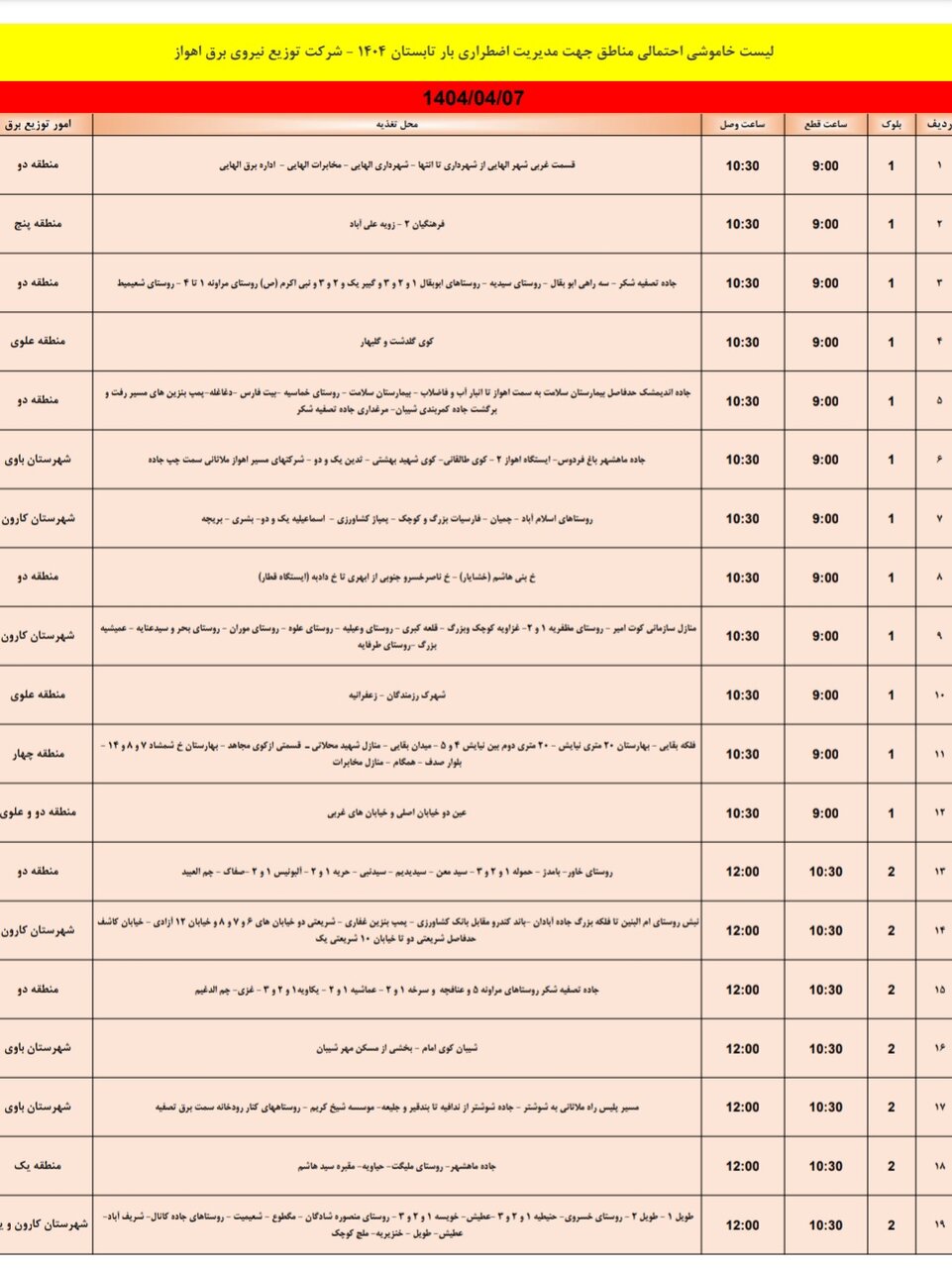 جدول خاموشی برق اهواز شنبه ۷ تیر / ۹۹ نقطه خاموش می‌شود