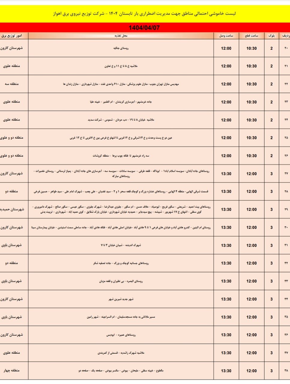 جدول خاموشی برق اهواز شنبه ۷ تیر / ۹۹ نقطه خاموش می‌شود