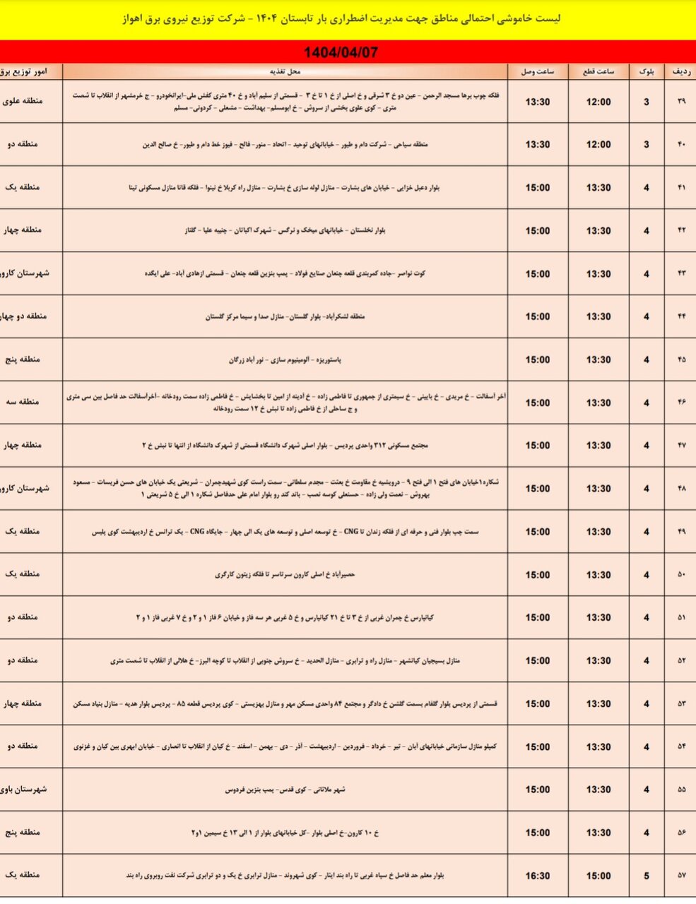 جدول خاموشی برق اهواز شنبه ۷ تیر / ۹۹ نقطه خاموش میشود