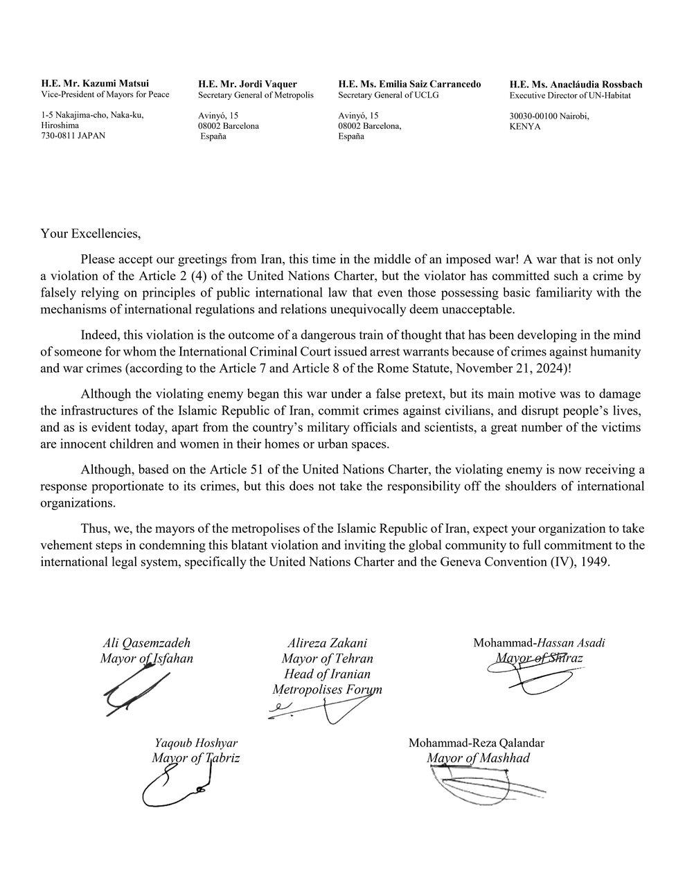 Iranian Mayors Urge International Action Against Attacks on Civilians