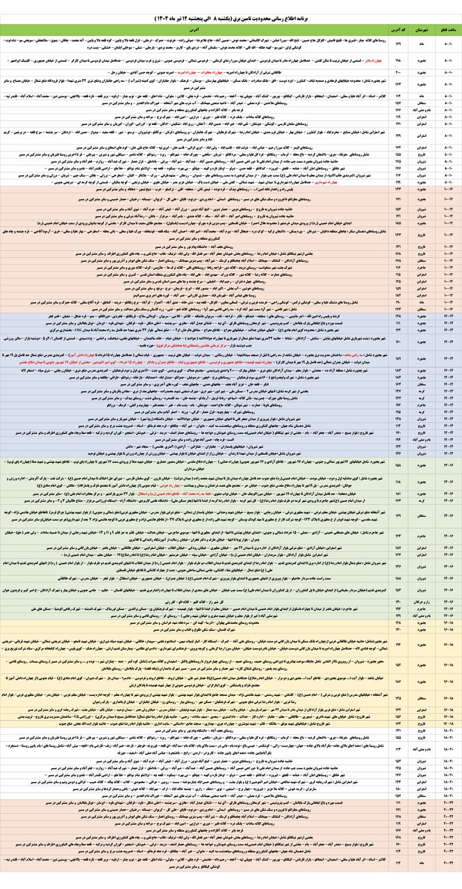 برنامه قطعی برق خراسان شمالی و بجنورد یکشنبه هشتم تا پنجشنبه ۱۲ تیر