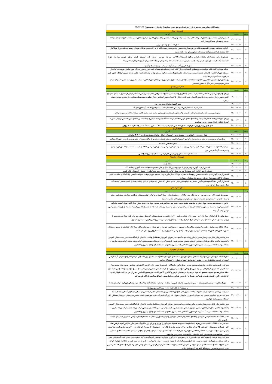 برنامه قطعی برق چهارمحال و بختیاری شنبه ۱۴ تیر + جدول