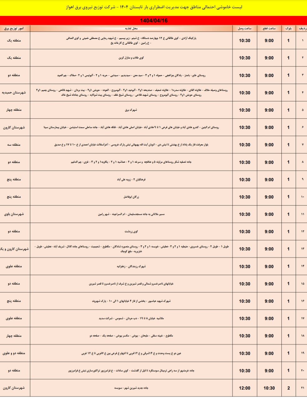 جدول خاموشی برق اهواز دوشنبه ۱۶ تیر / ۱۵۰ نقطه خاموش میشود