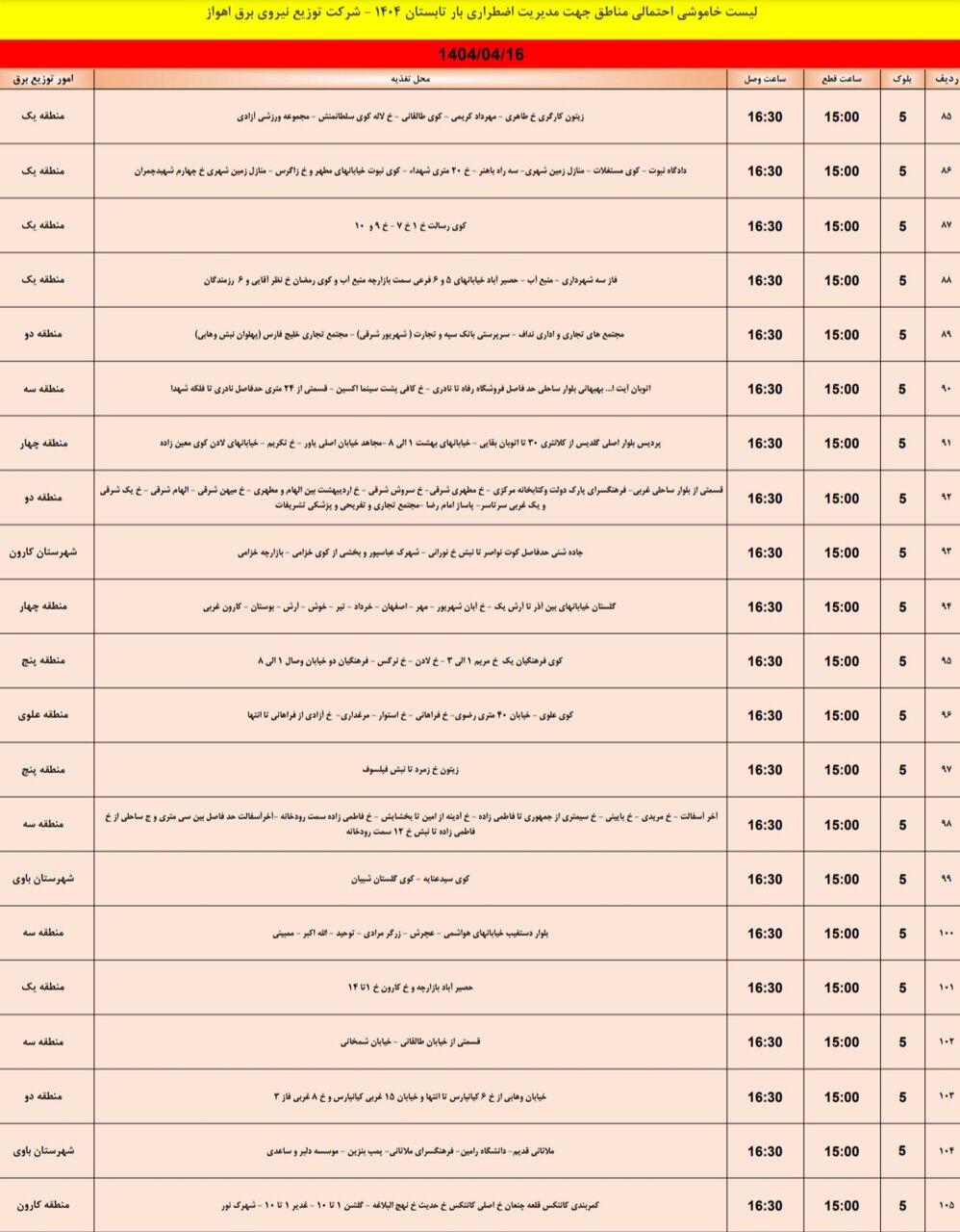 جدول خاموشی برق اهواز دوشنبه ۱۶ تیر / ۱۵۰ نقطه خاموش می‌شود