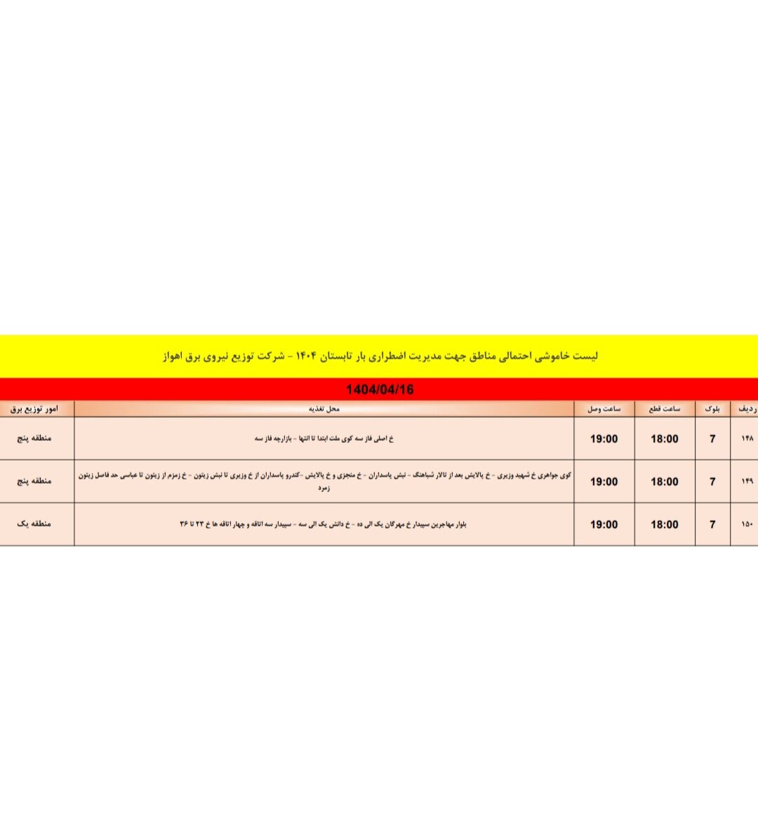 جدول خاموشی برق اهواز دوشنبه ۱۶ تیر / ۱۵۰ نقطه خاموش می‌شود
