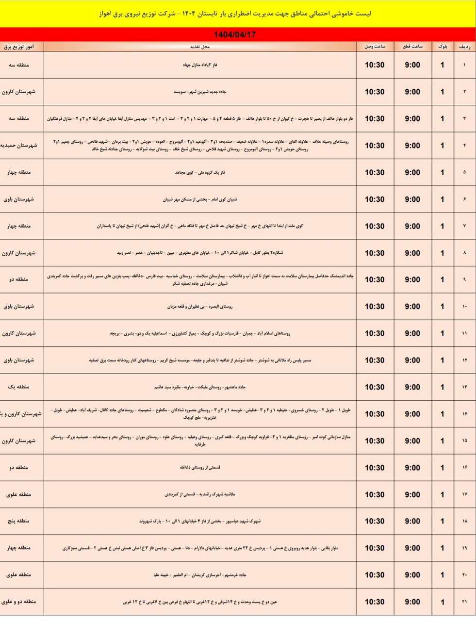 جدول خاموشی برق اهواز سه شنبه ۱۷ تیر / ۱۶۰ نقطه خاموش میشود