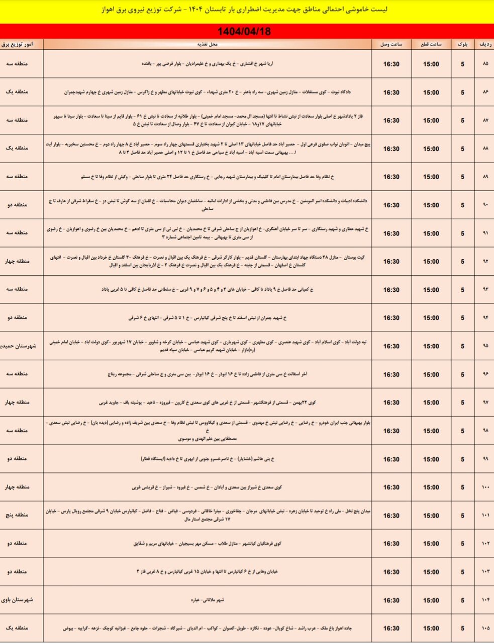 جدول خاموشی برق اهواز چهارشنبه ۱۸ تیر / ۱۵۱نقطه خاموش می‌شود