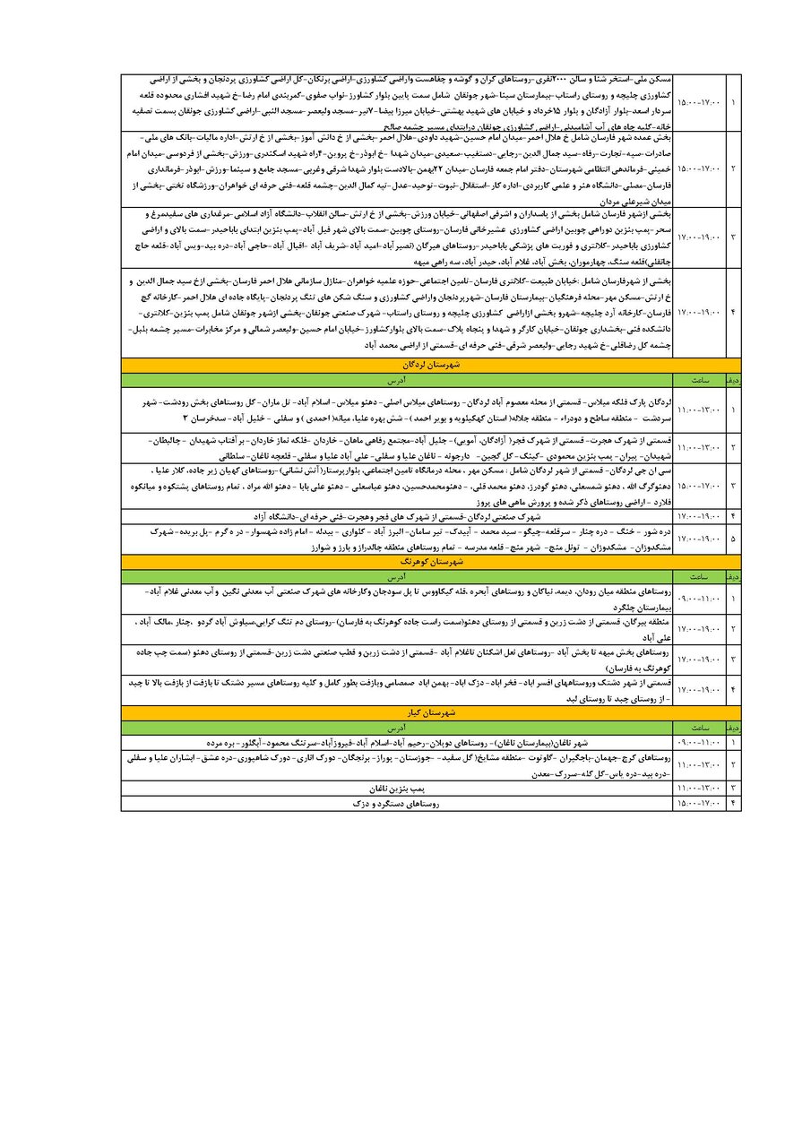 برنامه قطعی برق چهارمحال و بختیاری چهارشنبه ۱۸ تیر + جدول