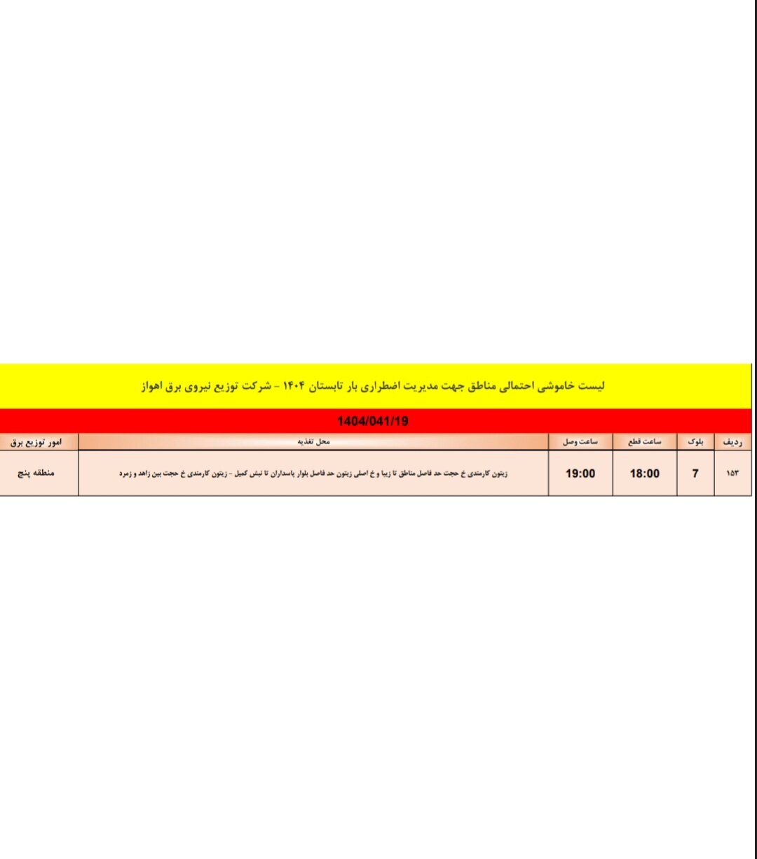 جدول خاموشی برق اهواز پنجشنبه ۱۹ تیر / ۱۵۶ نقطه خاموش میشود