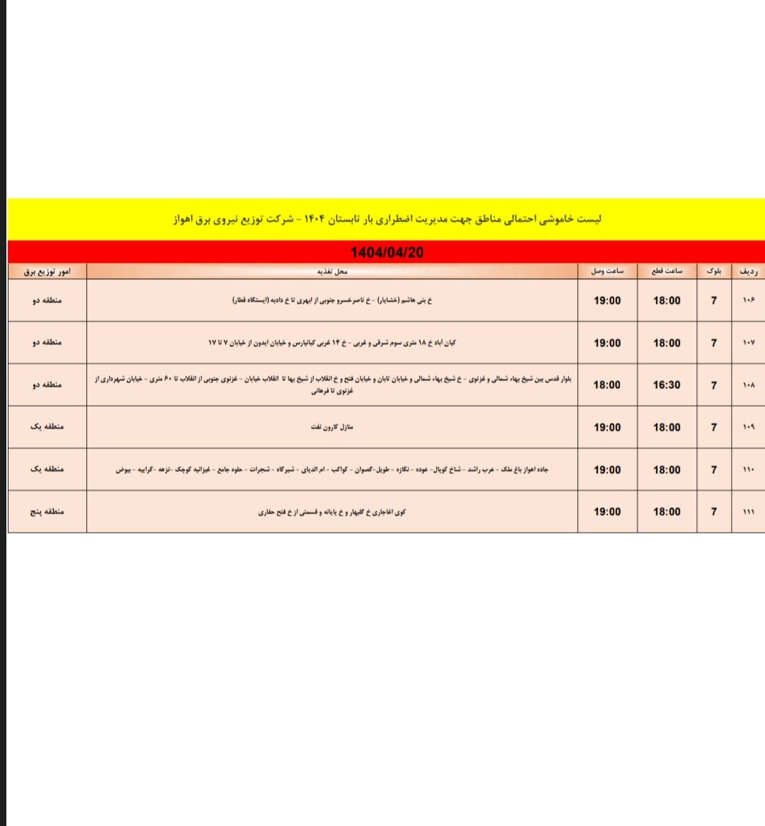 جدول خاموشی با برنامه برق اهواز/ ۱۱۱ نقطه خاموش میشود