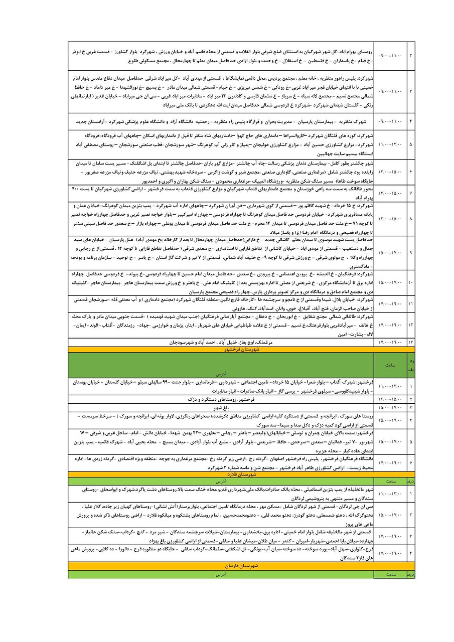 برنامه قطعی برق چهارمحال و بختیاری شنبه ۲۱ تیر + جدول