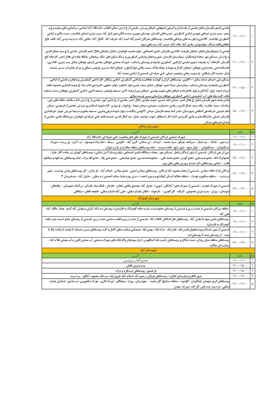 برنامه قطعی برق چهارمحال‌ و بختیاری‌ شنبه ۲۱ تیر + جدول