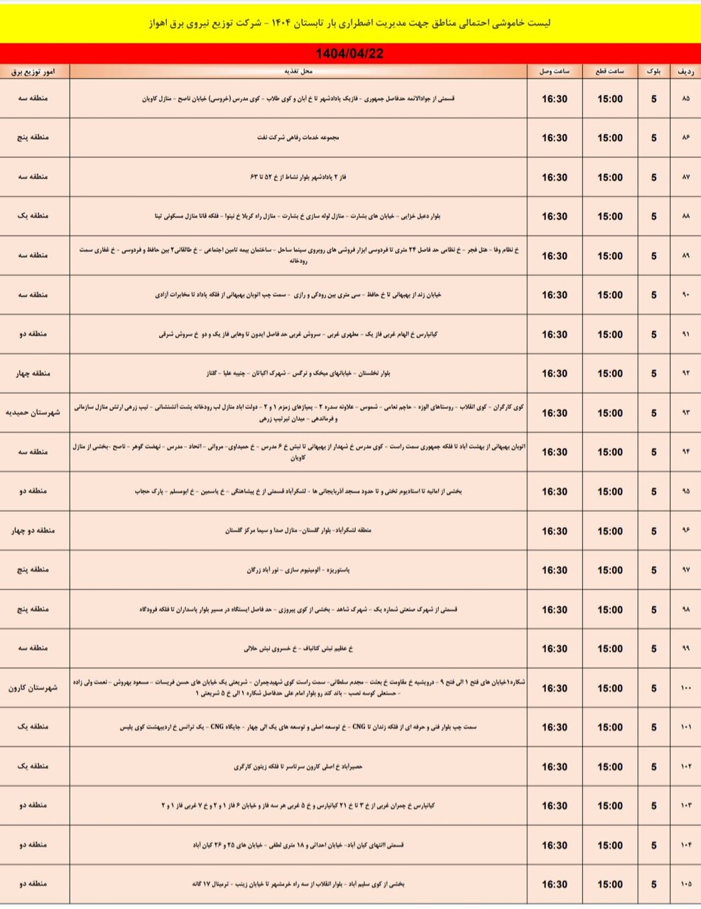 جدول خاموشی برق اهواز/ ۱۵۷ نقطه خاموش می‌شود