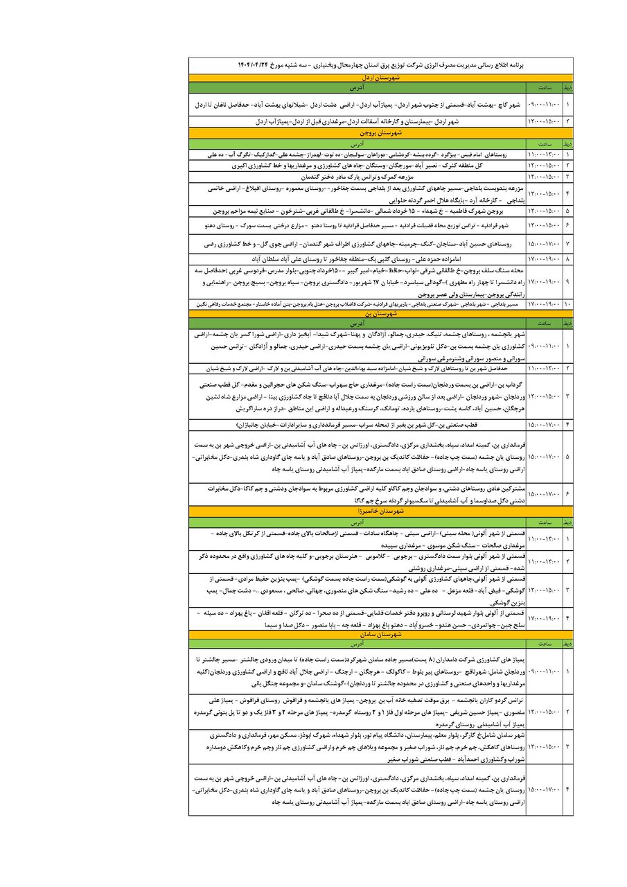 برنامه قطعی برق چهارمحال‌ و بختیاری‌ سه شنبه ۲۴ تیر + جدول