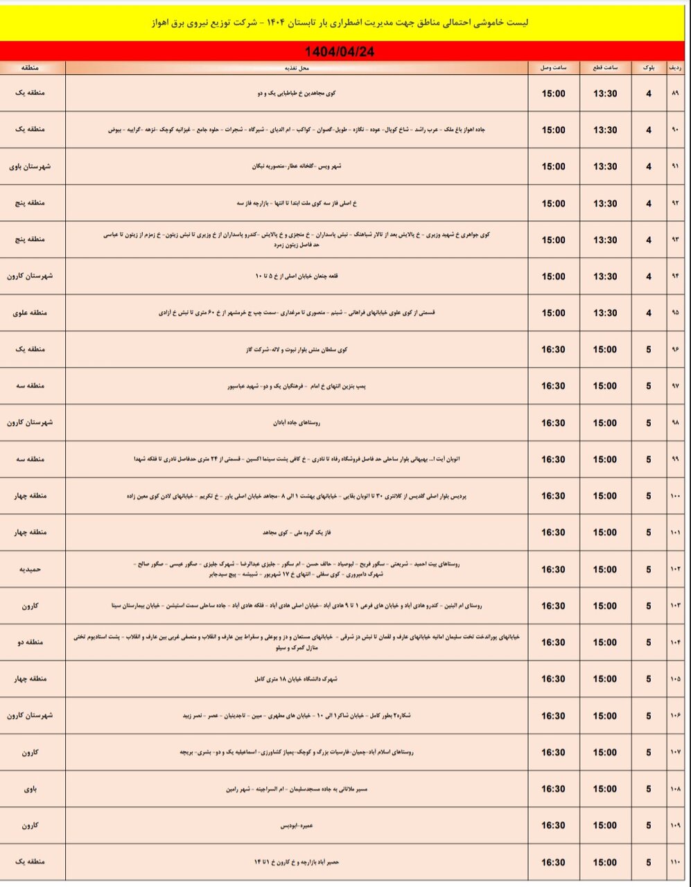 جدول خاموشی برق اهواز سه‌شنبه ۲۴ تیر/ ۱۵۴ نقطه خاموش می‌شود