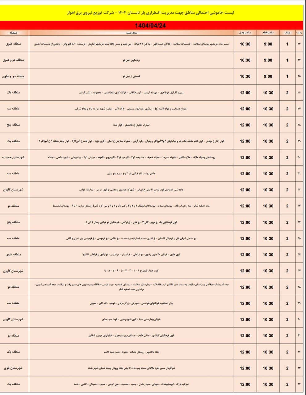 جدول خاموشی برق اهواز سه‌شنبه ۲۴ تیر/ ۱۵۴ نقطه خاموش می‌شود