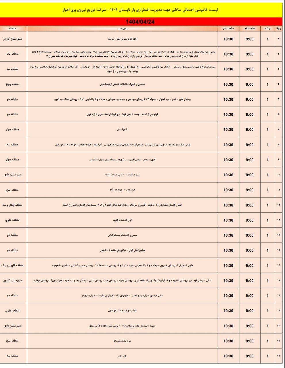 جدول خاموشی برق اهواز سه‌شنبه ۲۴ تیر/ ۱۵۴ نقطه خاموش می‌شود