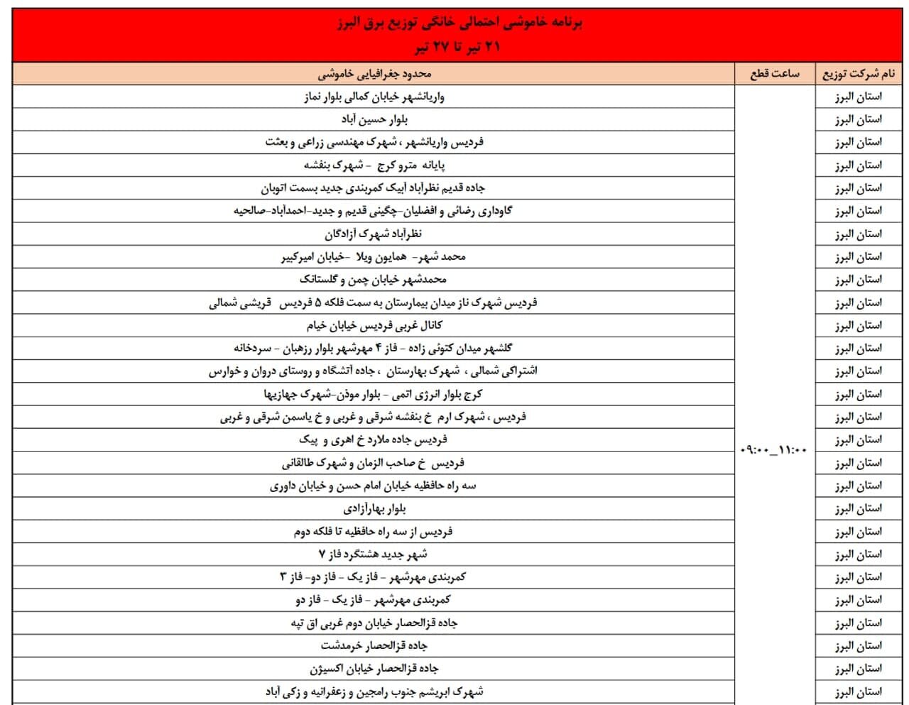 ساعات قطعی برق استان البرز چهارشنبه تا جمعه ۲۵ و ۲۷ تیتر + جدول