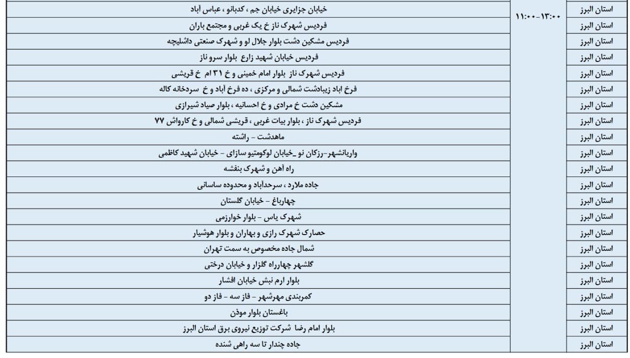 ساعات قطعی برق استان البرز چهارشنبه تا جمعه ۲۵ و ۲۷ تیتر + جدول