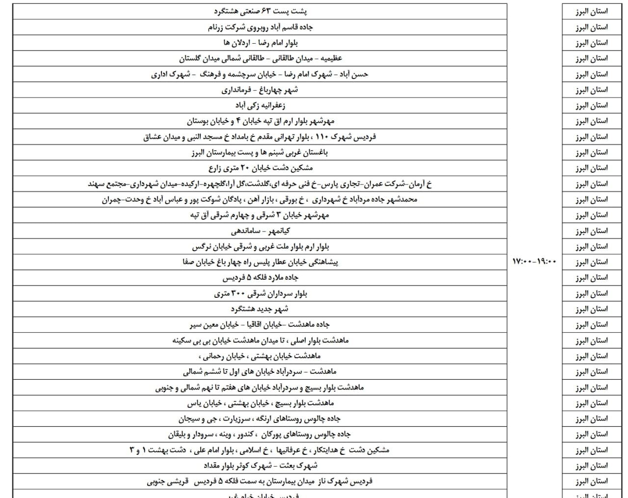 ساعات قطعی برق استان البرز چهارشنبه تا جمعه ۲۵ و ۲۷ تیتر + جدول