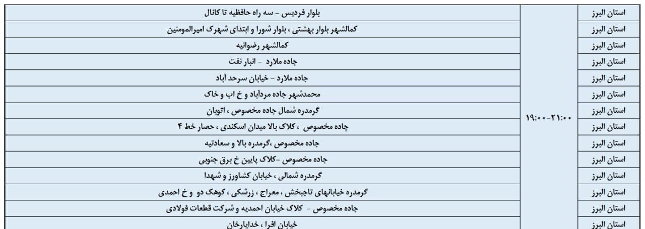 ساعات قطعی برق استان البرز چهارشنبه تا جمعه ۲۵ و ۲۷ تیتر + جدول