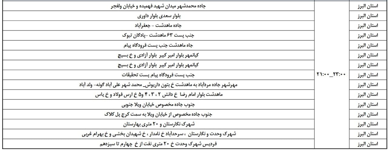 ساعات قطعی برق استان البرز چهارشنبه تا جمعه ۲۵ و ۲۷ تیتر + جدول