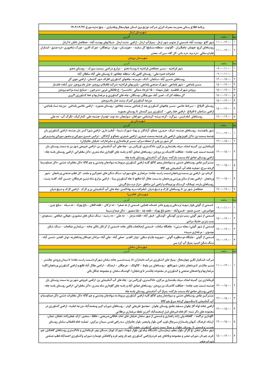 برنامه قطعی برق چهارمحال و بختیاری پنجشنبه ۲۶ تیر + جدول