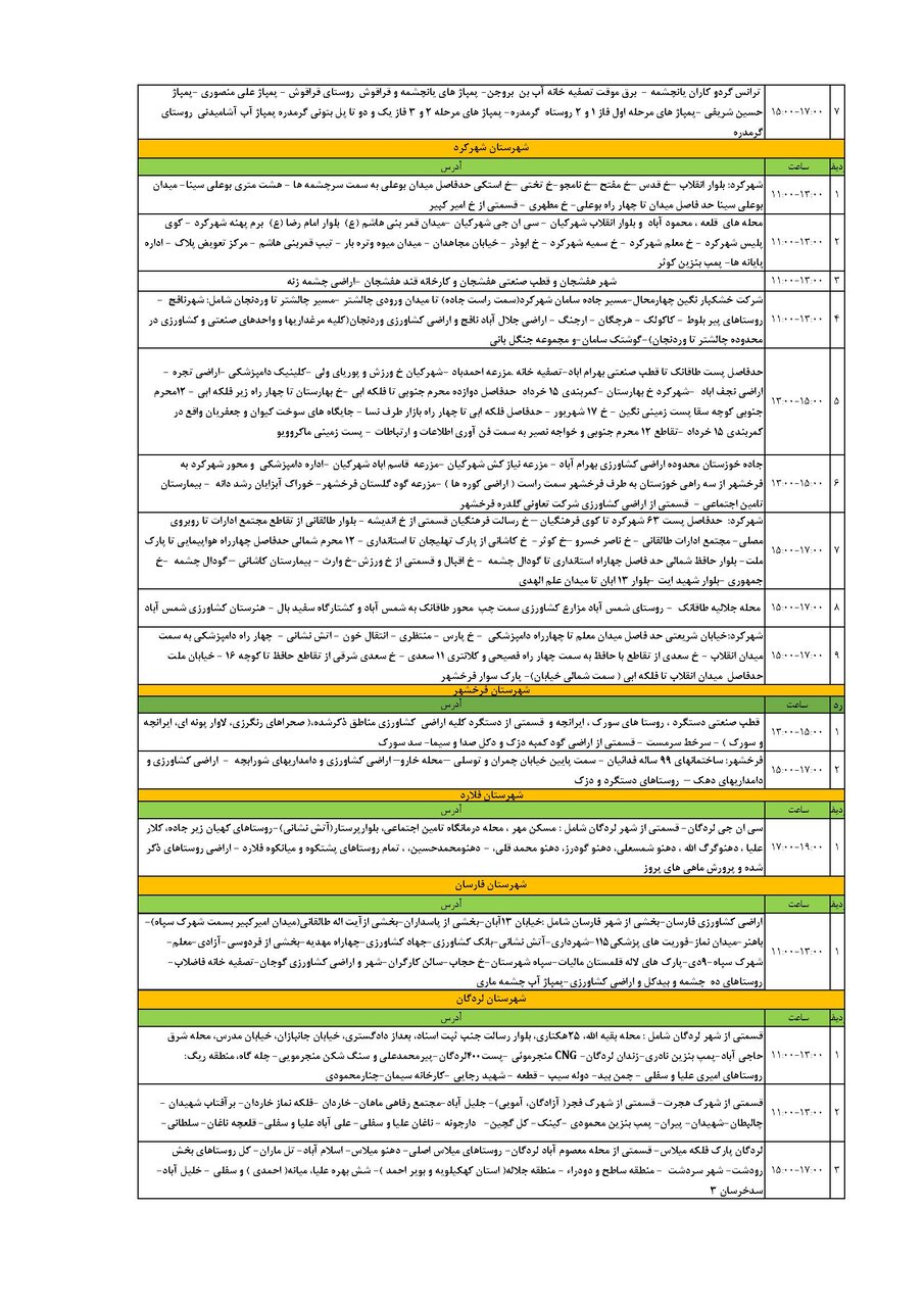 برنامه قطعی برق چهارمحال و بختیاری پنجشنبه ۲۶ تیر + جدول