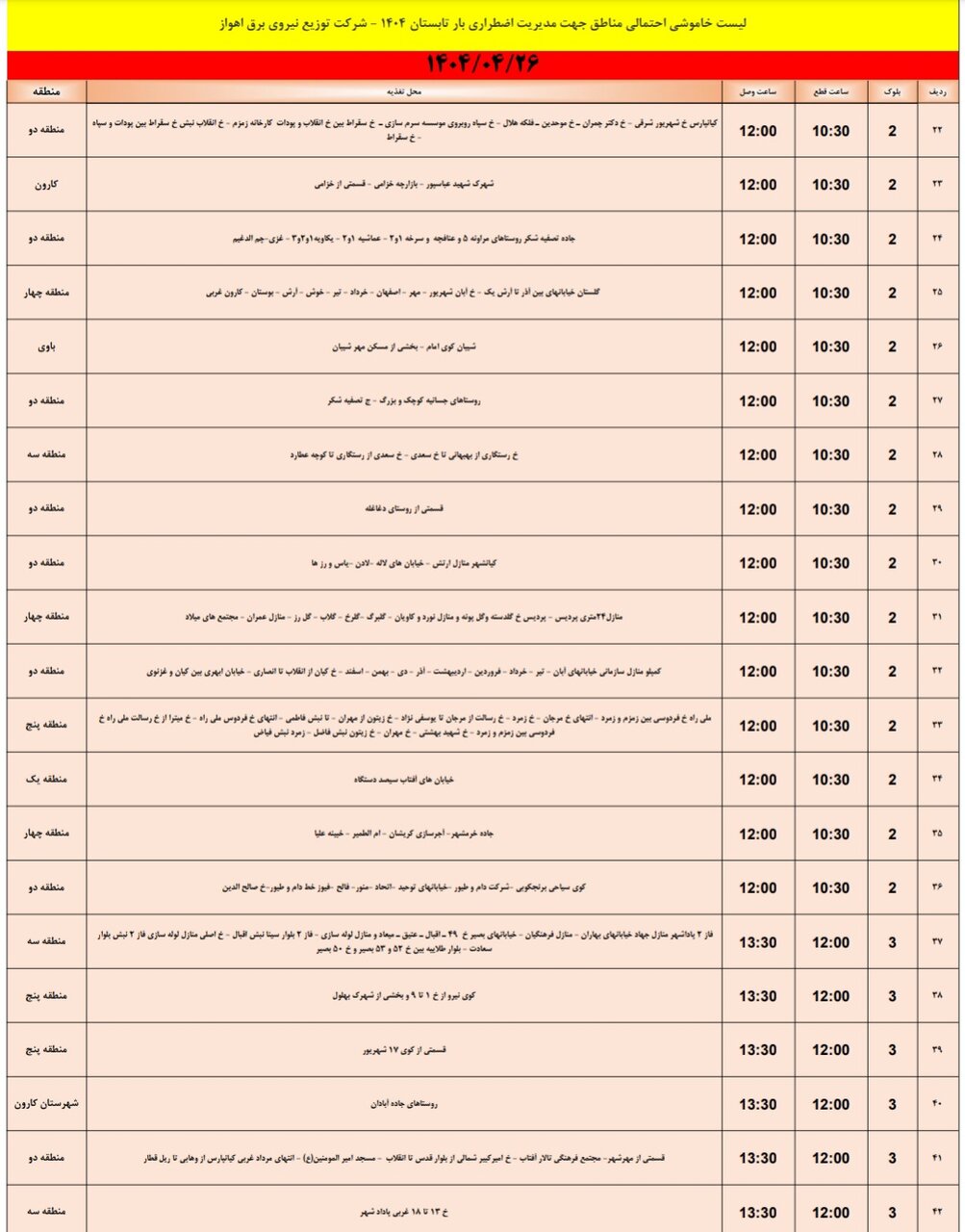 جدول خاموشی برق اهواز پنج‌شنبه ۲۶ تیر
