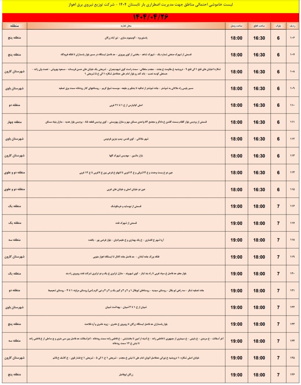 جدول خاموشی برق اهواز پنج‌شنبه ۲۶ تیر