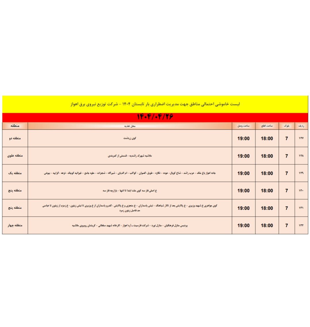 جدول خاموشی برق اهواز پنج‌شنبه ۲۶ تیر