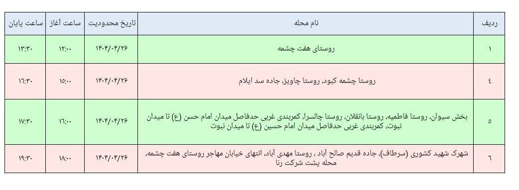 برنامه قطعی برق ایلام امروز پنجشنبه ۲۶ تیر + جدول