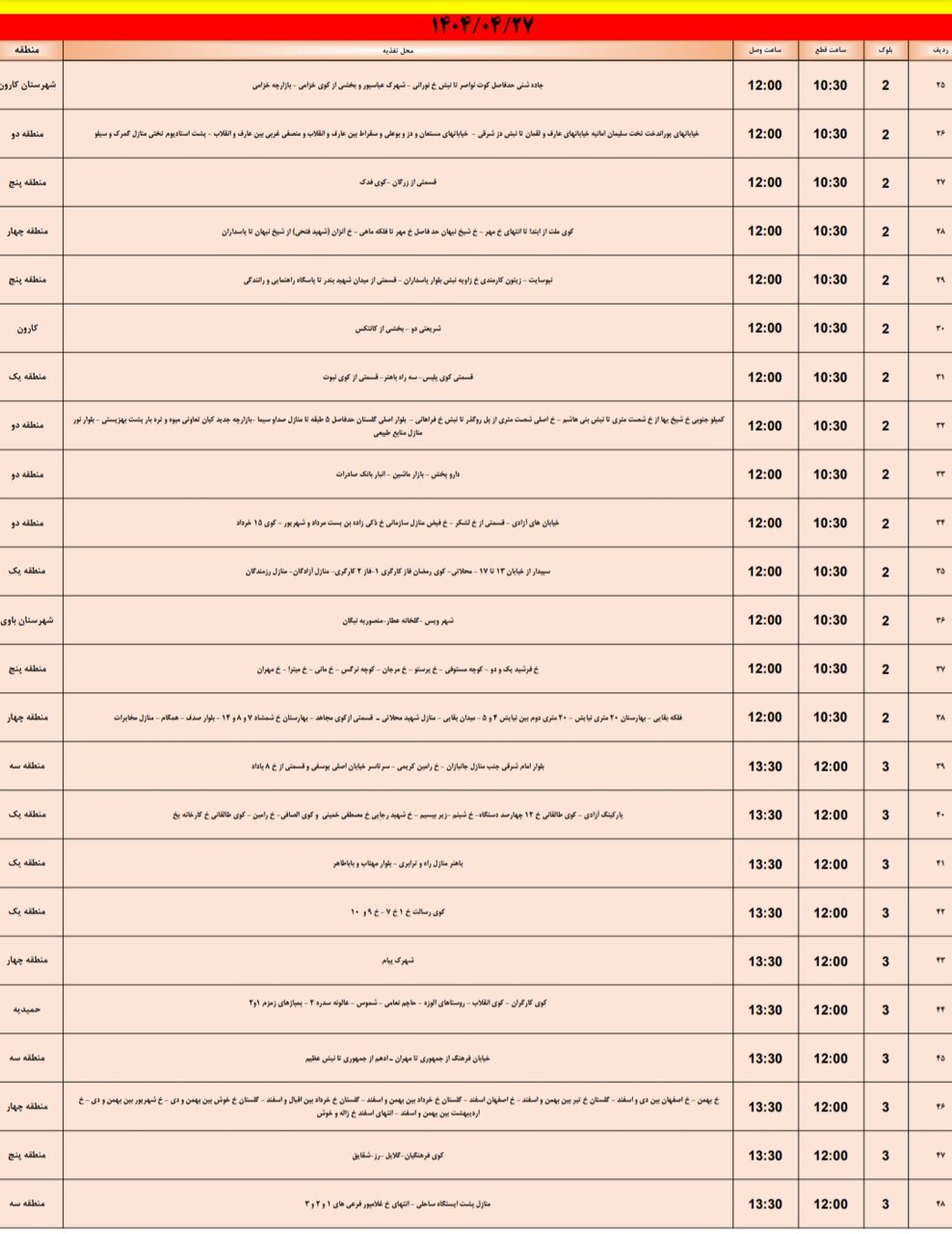 جدول خاموشی برق اهواز جمعه ۲۷ تیر