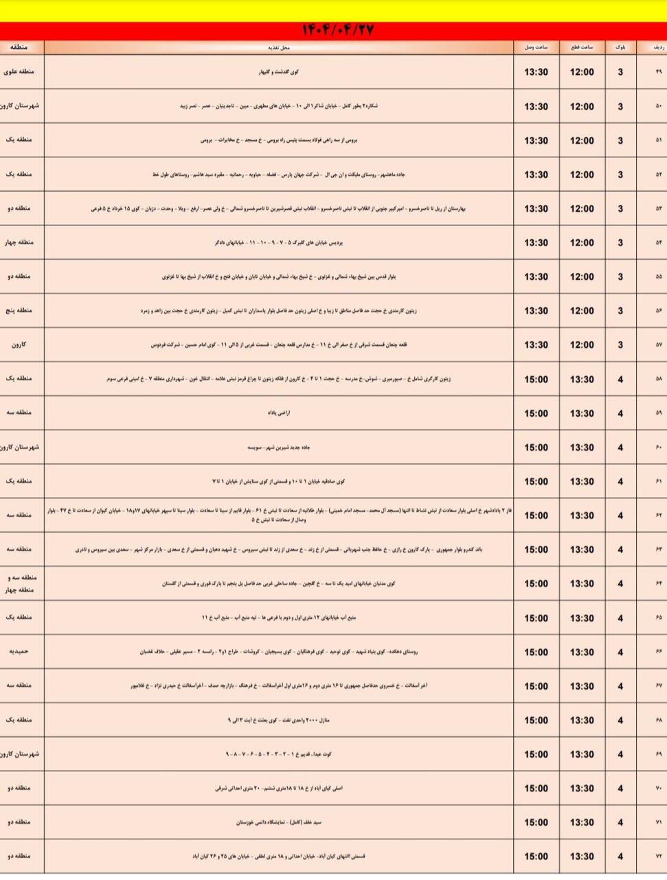 جدول خاموشی برق اهواز جمعه ۲۷ تیر