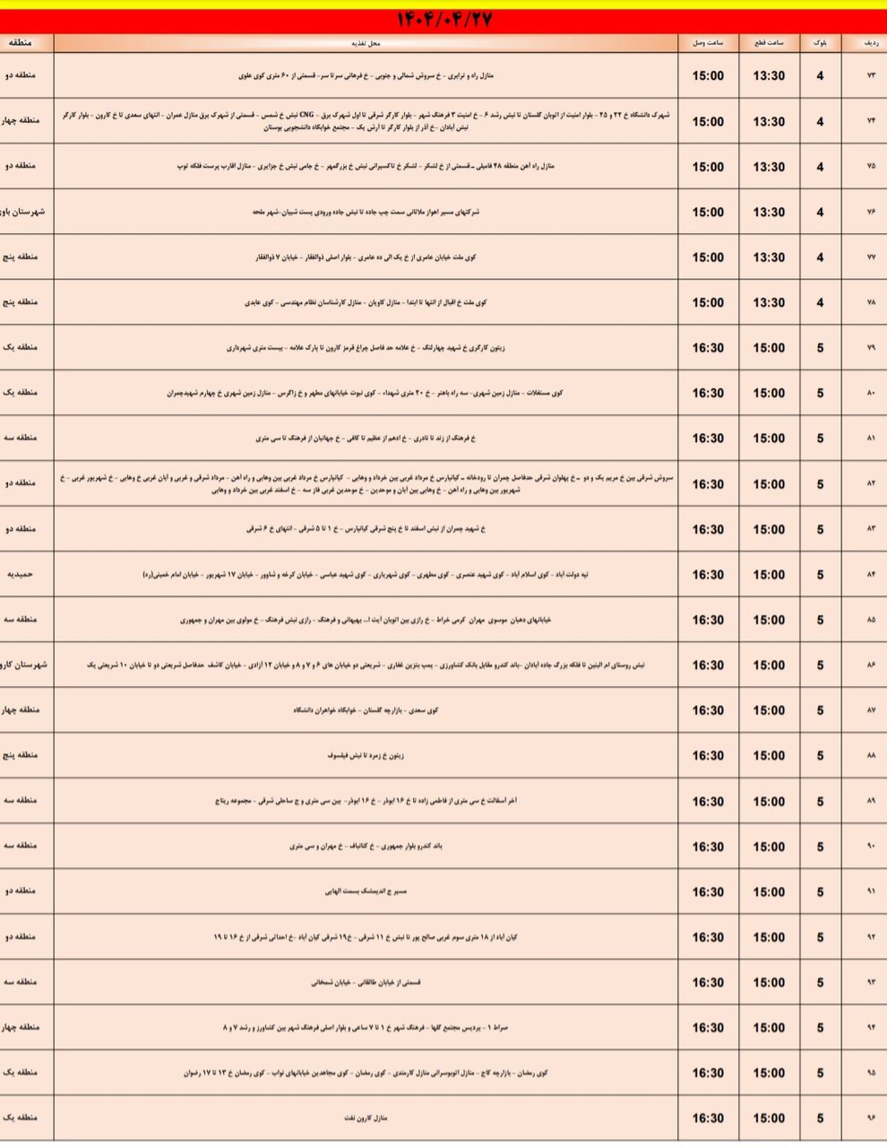 جدول خاموشی برق اهواز جمعه ۲۷ تیر