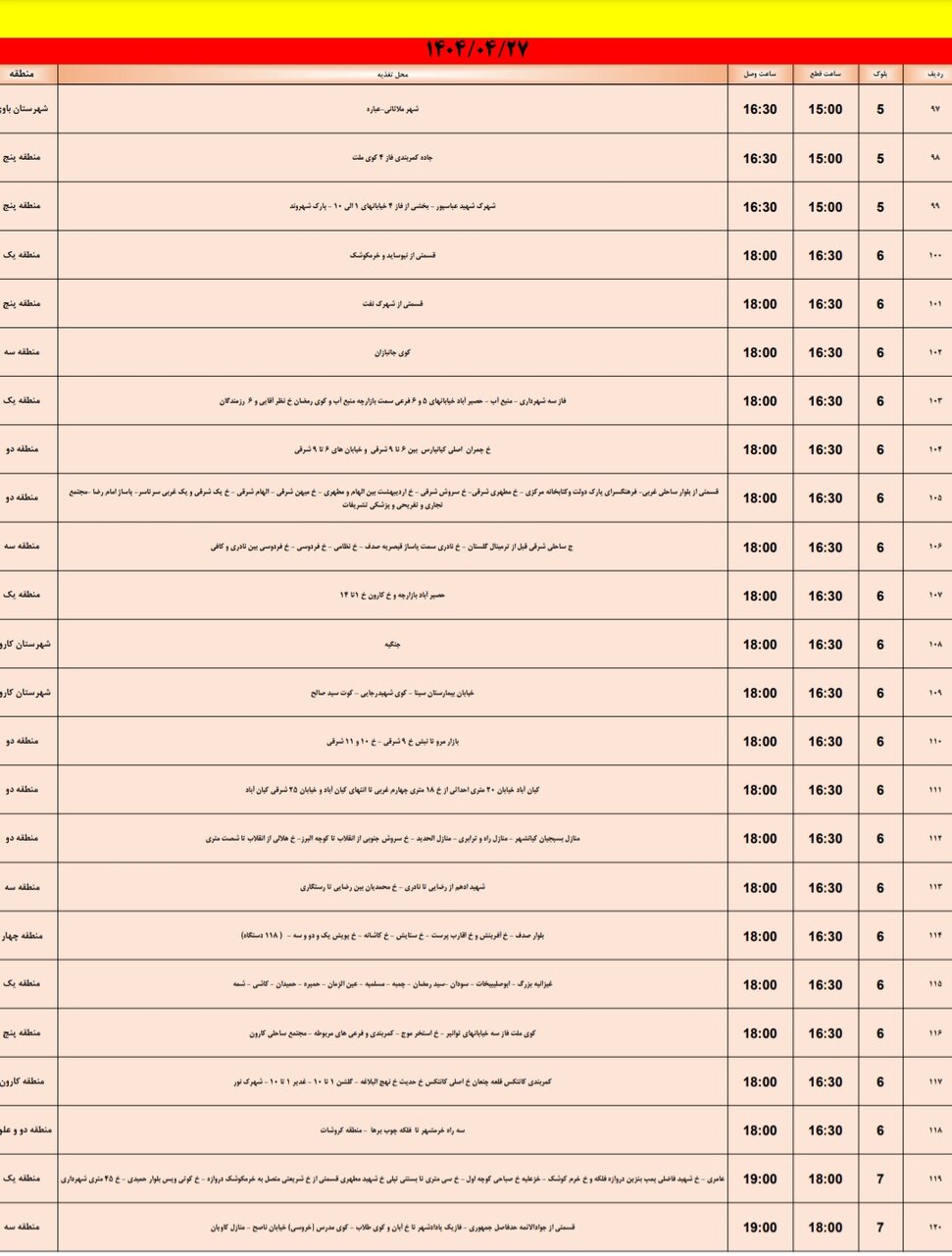 جدول خاموشی برق اهواز جمعه ۲۷ تیر