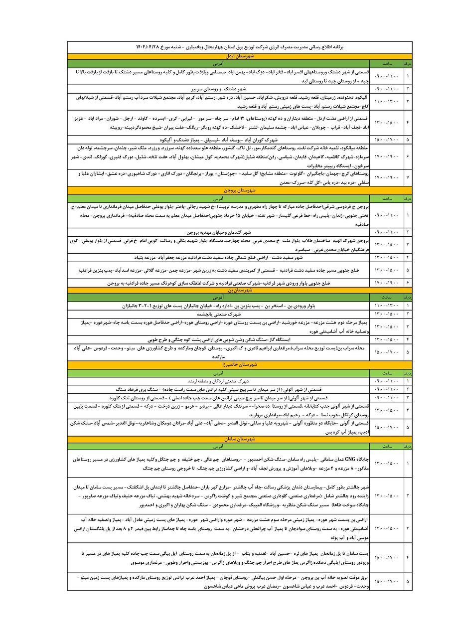 برنامه قطعی برق چهارمحال‌ و بختیاری‌ شنبه ۲۸ تیر + جدول