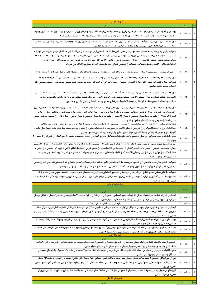 برنامه قطعی برق چهارمحال و بختیاری شنبه ۲۸ تیر + جدول