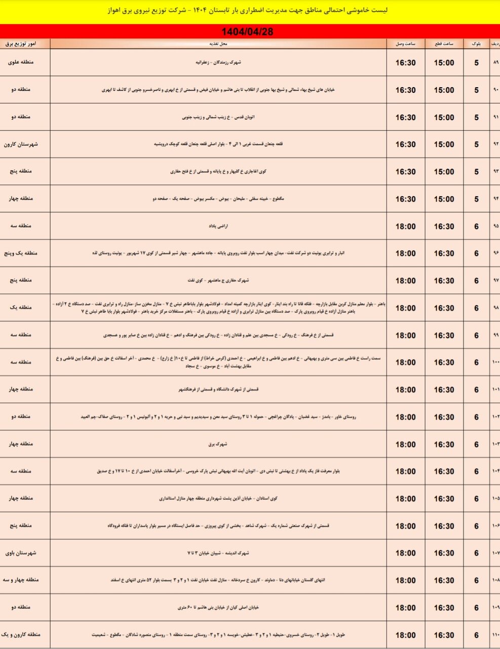 جدول خاموشی برق اهواز شنبه ۲۸ تیر