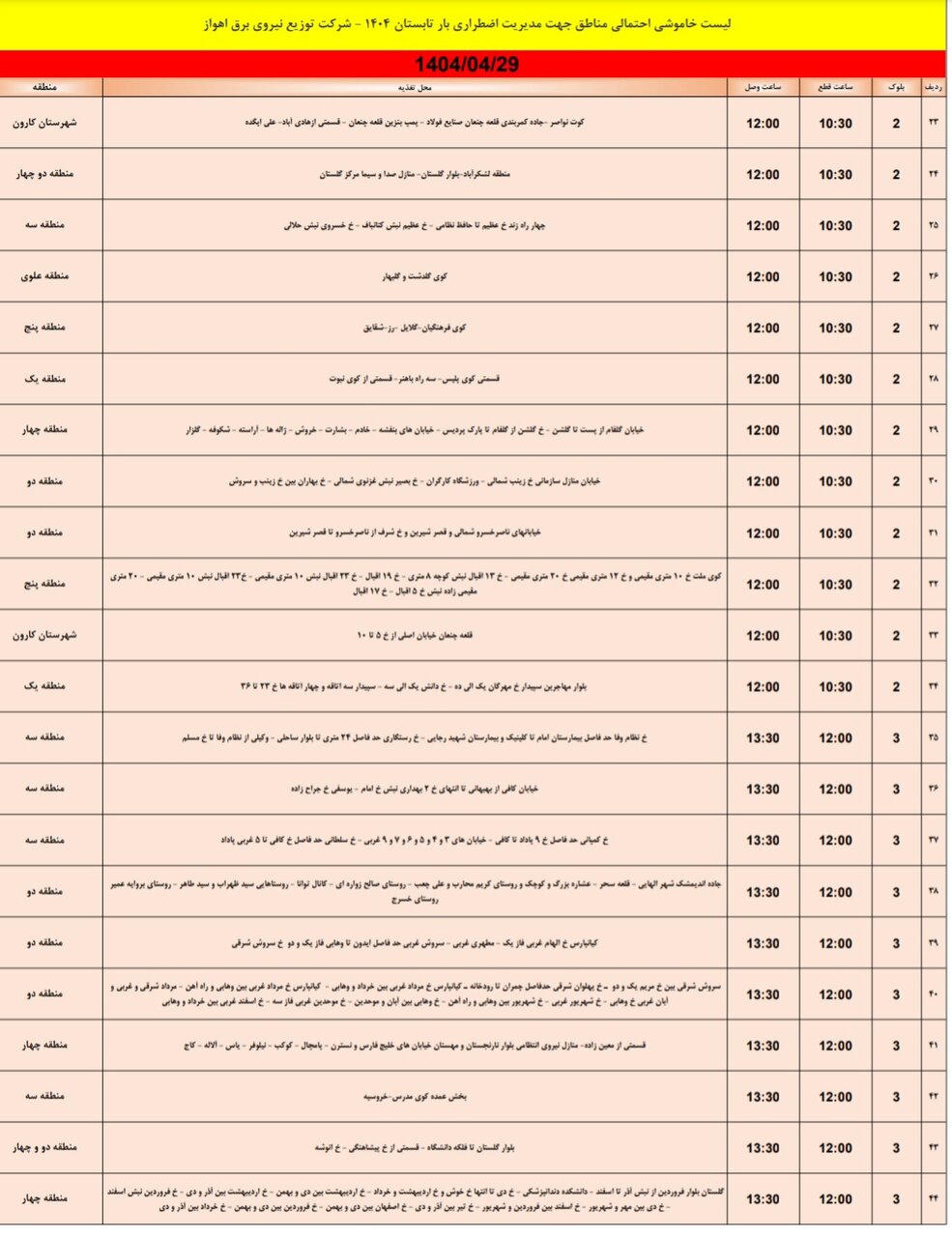 جدول خاموشی برق اهواز یکشنبه ۲۹ تیر ۱۴۰۴