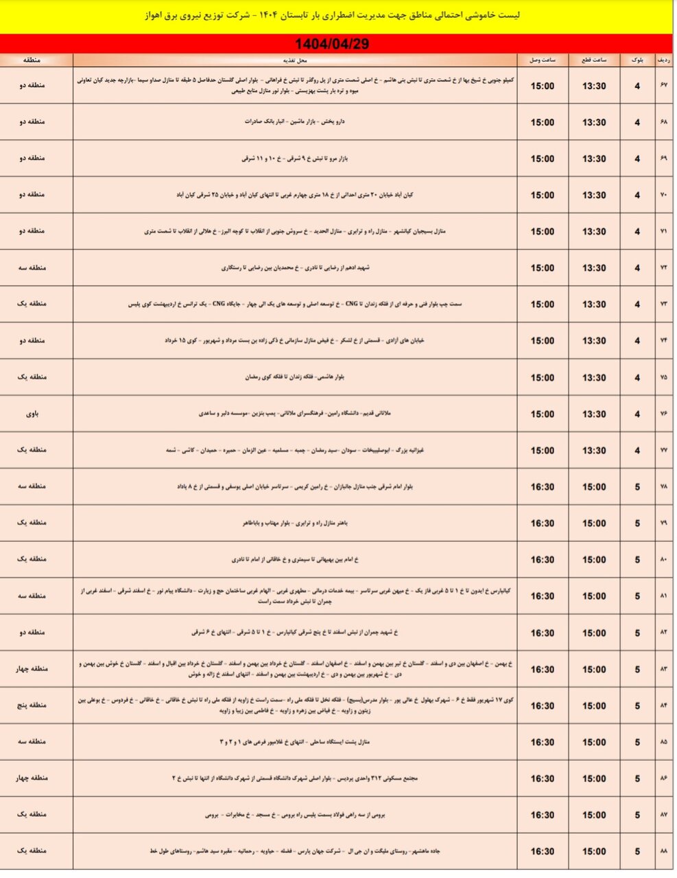 جدول خاموشی برق اهواز یکشنبه ۲۹ تیر ۱۴۰۴