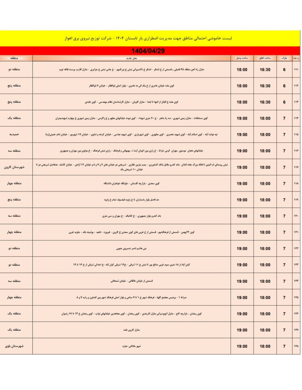 جدول خاموشی برق اهواز یکشنبه ۲۹ تیر ۱۴۰۴