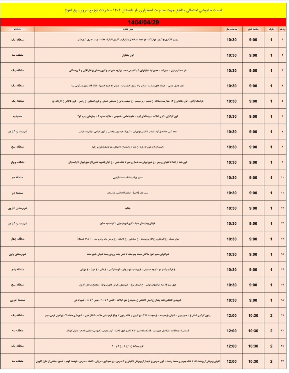 جدول خاموشی برق اهواز یکشنبه ۲۹ تیر ۱۴۰۴